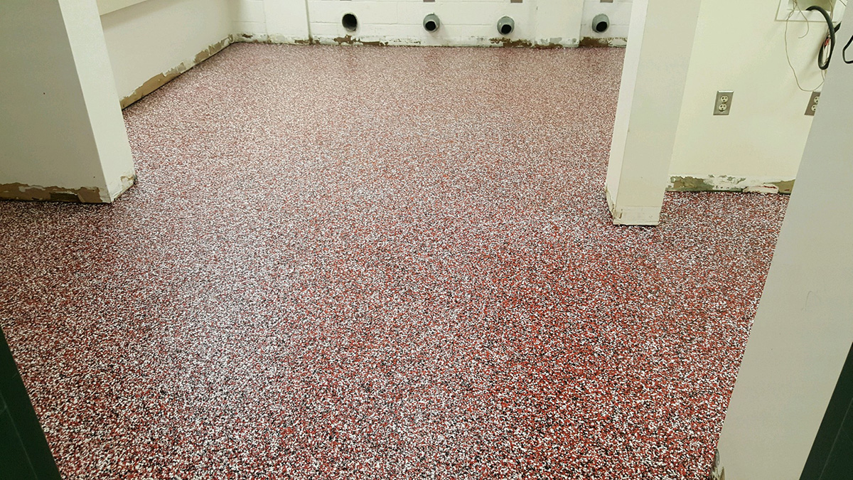 Nc State Red And Black Flake Epoxy Concrete Floor Raleigh Nc